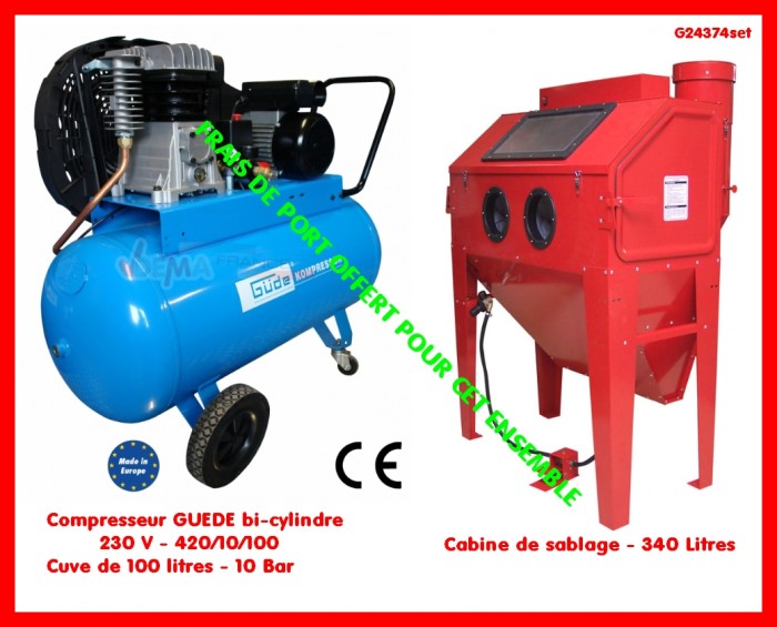 SET Compresseur GÜDE bicylindre 230 V + Cabine de sablage 340 L Toute la gamme GUEDE