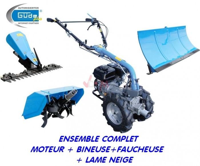 Motoculteur 6,5 CV + bineuse + faucheuse + lame chasse neige complet