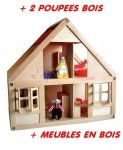 Maison de poup&eacute;es en BOIS - avec meubles et 2 poup&eacute;es