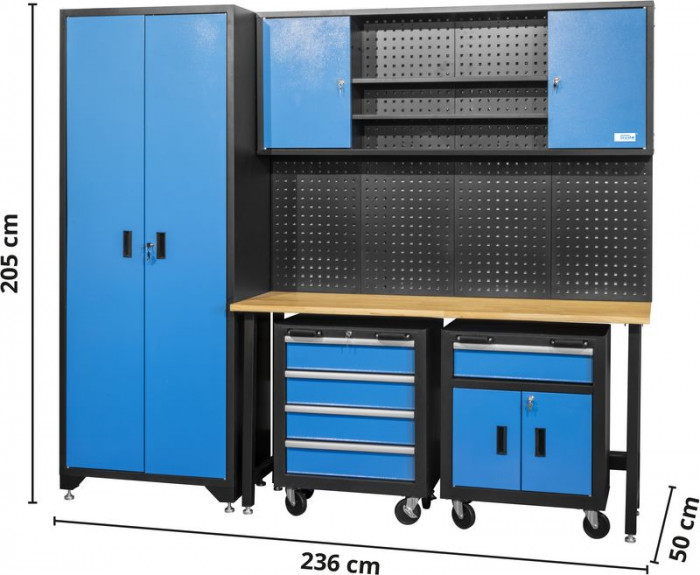 Ensemble de 2 équipements d'atelier, établi, armoire à outils, mur