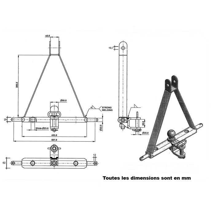 Barre d'attelage agricole - Triangle 3 points - 540 mm - Cat. 1 Barre d'attelage agricole - Triangle 3 points - 540 mm - Cat. 1